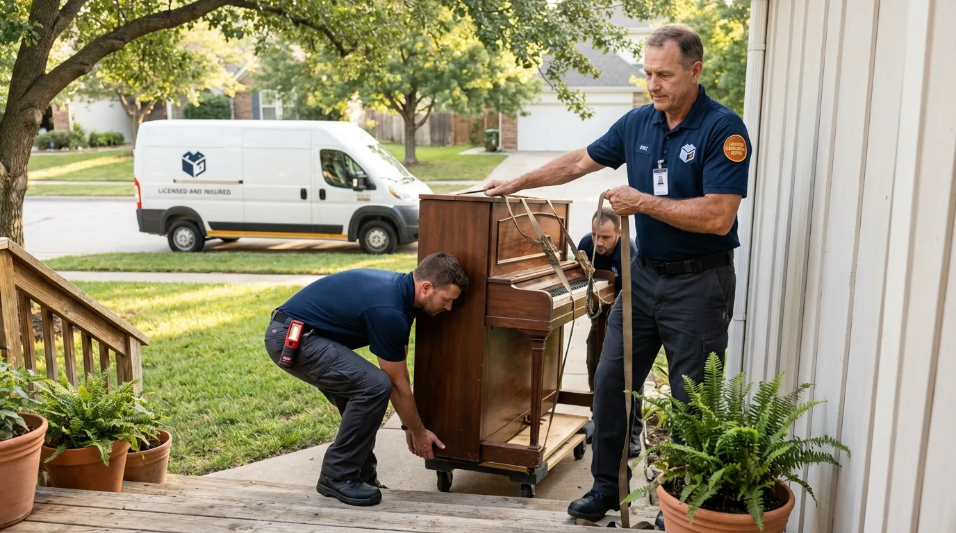 Licensed piano movers securing grand piano in Grand Bay, AL