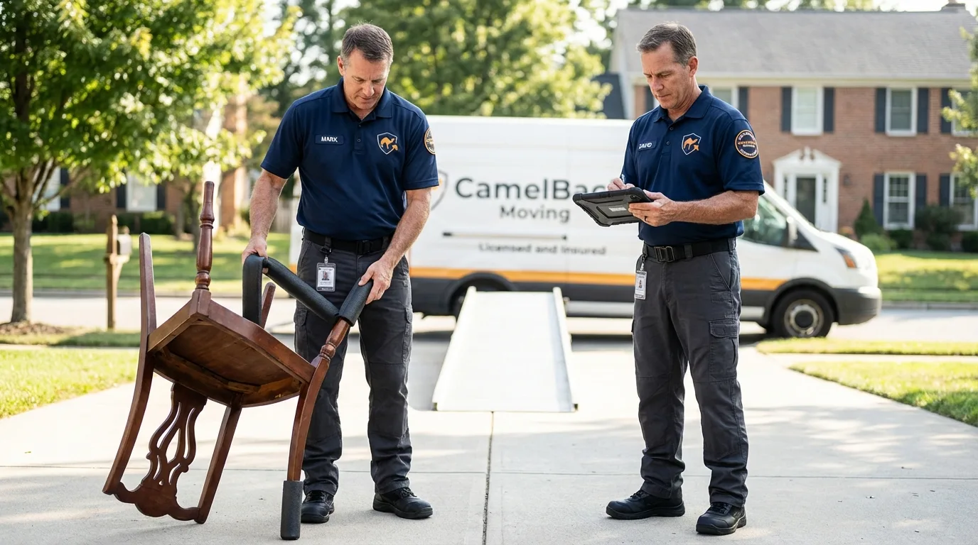 Movers inspecting furniture for damage prevention before loading in Grand Bay, AL