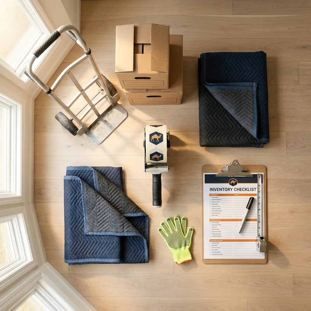Professional moving supplies and packing materials layout for Grand Bay residential relocations